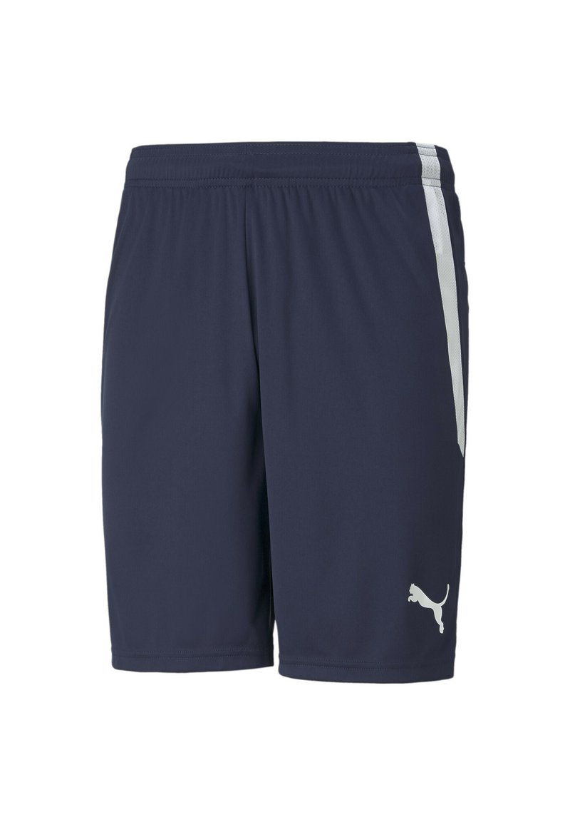 Shorts de sport bleu marine en tissu léger. Dotés d'une bande latérale blanche et d'un petit logo Puma blanc près de l'ourlet. Ceinture élastique.