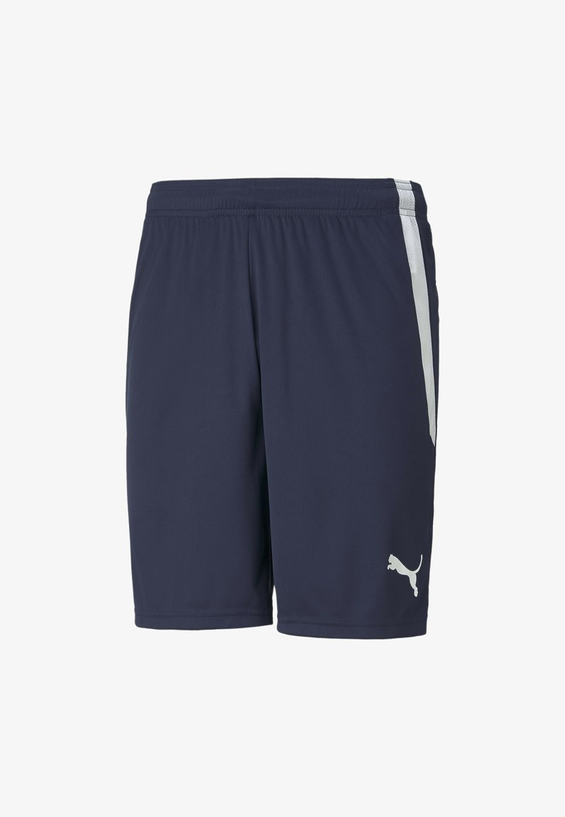 Navy athletic shorts made of lightweight fabric. Features a white side stripe and a small white Puma logo near the hem. Elastic waistband.