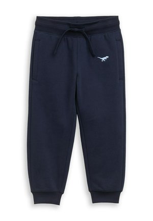 Navyblaue Kinder-Jogginghose mit elastischem Bund, Kordelzug, Seitentaschen, gerippten Bündchen und kleinem hellblauem Dinosaurier-Logo auf der linken Hüfte.