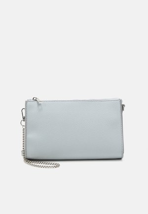 Light grey textured leather clutch with silver zipper and detachable silver chain wrist strap on a white background.