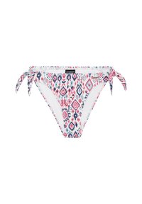 Gemusterter Bikini-Unterteil mit Seitenschnüren, der ein mehrfarbiges Design in Rosa, Blau und Weiß aufweist und aus dehnbarem Stoff gefertigt ist.