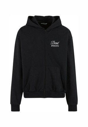 Felpa nera con zip e tasca frontale. Presenta il testo bianco "Dead WRONG" nella zona sinistra del petto. Tessuto morbido con una vestibilità comoda.