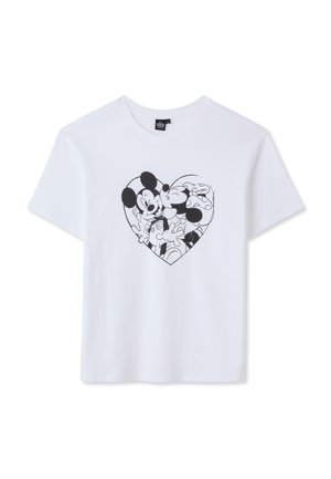 Biała bawełniana koszulka z czarnym nadrukiem postaci Myszki Miki ułożonych w kształt serca. Okrągły dekolt, krótkie rękawy, luźny krój.