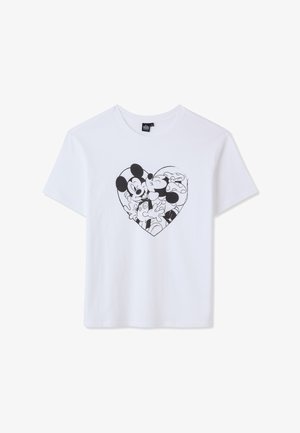 Biała bawełniana koszulka z czarnym nadrukiem postaci Myszki Miki ułożonych w kształt serca. Okrągły dekolt, krótkie rękawy, luźny krój.