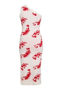 Één-schouder, nauwsluitende jurk van witte stof, met een rood bloemenpatroon met ingewikkelde krullen en accenten, met een zoom tot op de knie.