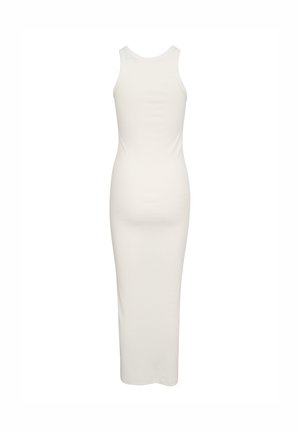 White, fitted, sleeveless dress with a long, straight cut. The material appears smooth, with no visible patterns or accents.