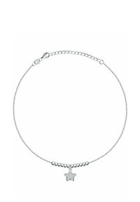 Bracciale in argento con perle rotonde e un charm a forma di stella incastonata con piccoli cristalli, dotato di un moschettone per una chiusura sicura.