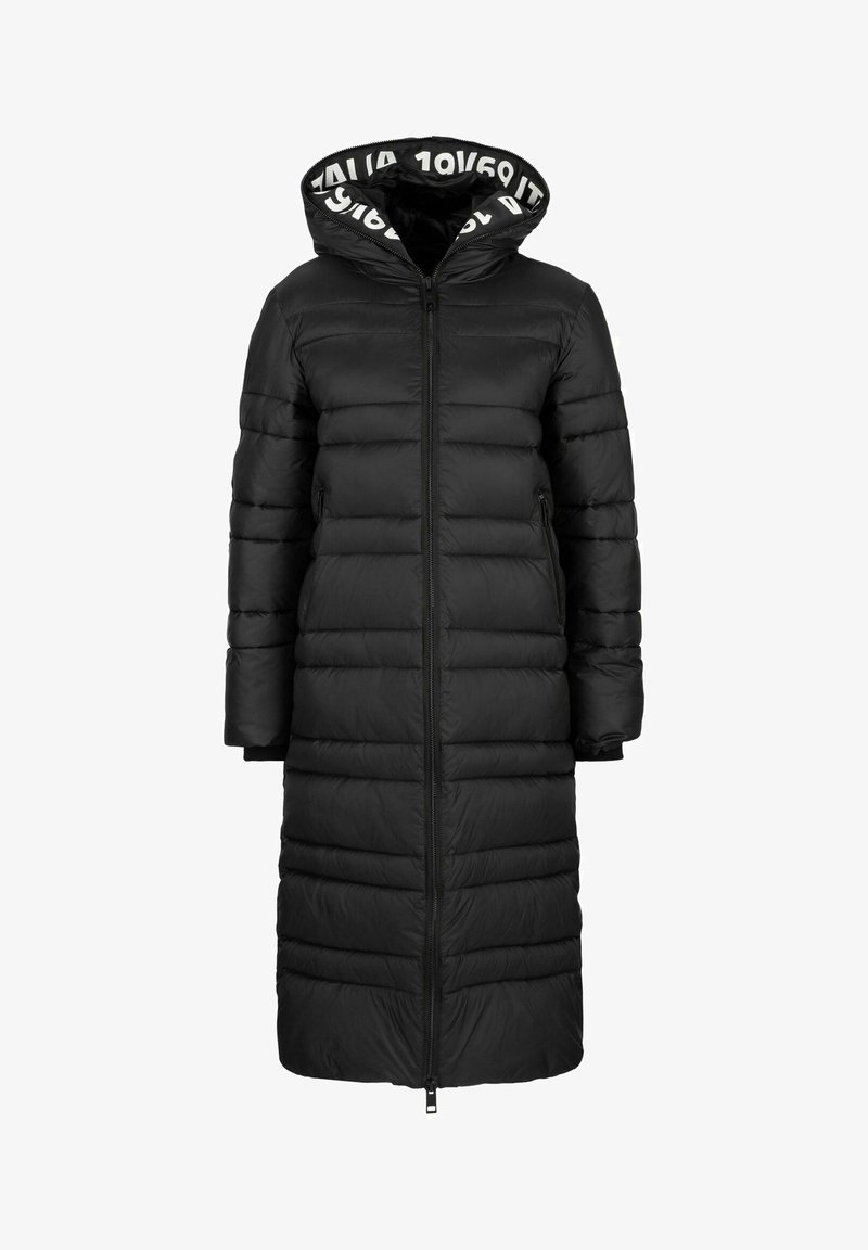 Schwarze Steppjacke mit langem, geradem Design, mit horizontalen Steppnähten, Reißverschluss und Kapuze mit kontrastierendem Logo-Trim.