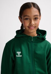 Grön zip-up hoodie i mjukt tyg. Har en känguruficka och en vit broderad logga på vänster bröst.