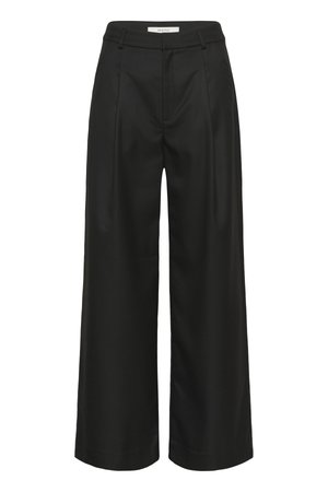 Černé kalhoty s širokými nohavicemi a elegantním střihem, s vysokým pasem, předními sklady a hladkou strukturou látky. Vhodné pro formální nošení.