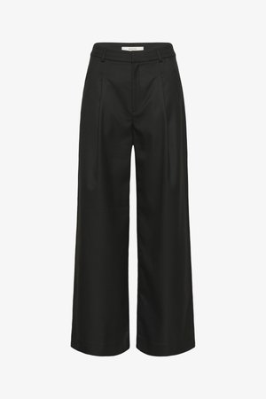 Černé kalhoty s širokými nohavicemi a elegantním střihem, s vysokým pasem, předními sklady a hladkou strukturou látky. Vhodné pro formální nošení.
