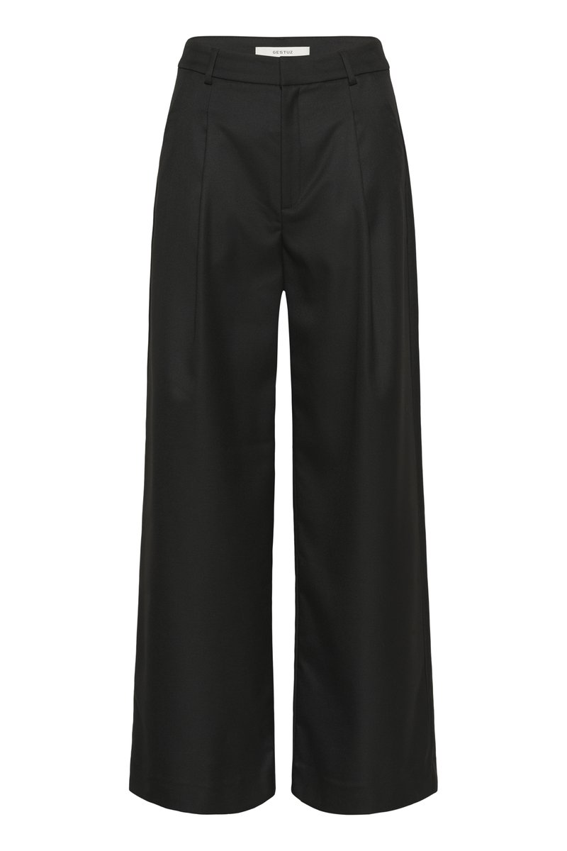 Svarta vida byxor med skräddarsydd design, hög midja, frontveck och mjuk tygstruktur. Lämpliga för formella tillfällen.