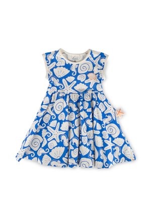 Robe sans manches bleue et blanche pour tout-petit avec des hippocampes, des étoiles de mer, des coquillages et des motifs de coquilles en spirale, avec une petite étoile de mer orange attachée.