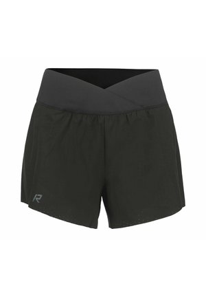 Sorte atletikshorts med en bred, grå elastisk talje, der har en perforeret tekstur og et lille logo på kanten.