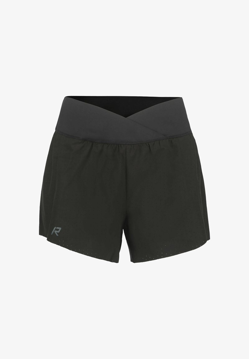 Sorte atletikshorts med en bred, grå elastisk talje, der har en perforeret tekstur og et lille logo på kanten.