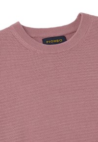 Light pink knit sweater with ribbed collar and textured pattern. Features a sewn label with the brand name "PIOMBO" in yellow on a dark background.