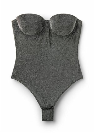 Sort glitrende énstykket badedragt med en struktureret, uden stropper design. Har en glat tekstur og en sikker trykknaplukning i bunden.