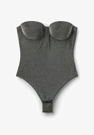 Czarny, błyszczący jednoczęściowy strój kąpielowy o strukturalnym, bezramiowym kroju. Posiada gładką teksturę oraz bezpieczne zapięcie na zatrzask u dołu.