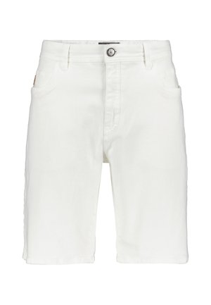 Witte denim shorts met voorste knoop en rits, riemlussen en voorzakken, weergegeven tegen een witte achtergrond.