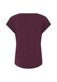 Blouse manches courtes violet foncé avec un col rond et un ourlet légèrement arrondi, vue de dos sur fond blanc.
