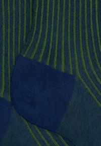 Calze blu scuro con strisce verticali verdi, dotate di punte e talloni rinforzati. Tessuto morbido, lunghezza standard per calze a crew.