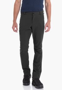 Dunkelgraue Outdoor-Hosen mit slim Fit, aus leichtem Stoff gefertigt, mit mehreren Taschen und Gürtelschlaufen. Strukturierte Oberfläche und langlebiges Design.