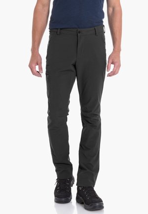 Pantalones oscuros de exterior en gris, con un corte slim, fabricados en tejido ligero, que cuentan con múltiples bolsillos y pasadores para cinturón. Superficie texturizada y diseño duradero.