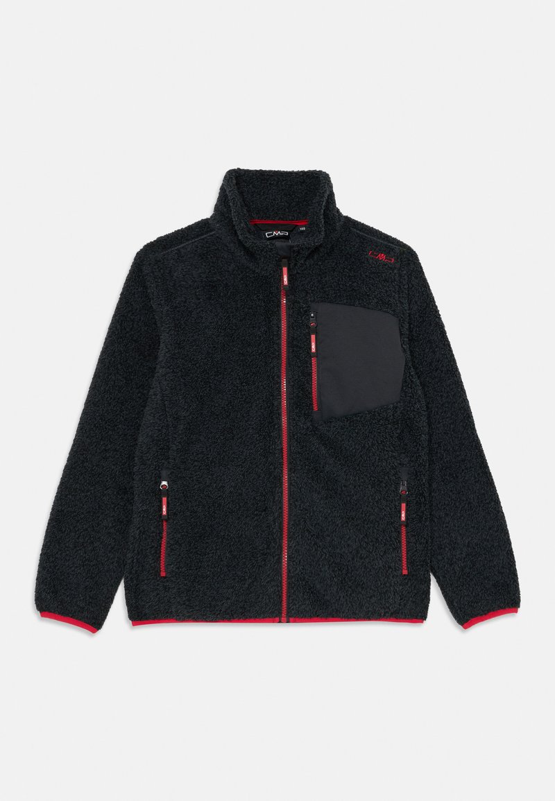 Chaqueta de forro polar negra con detalles en rojo en el cierre, un bolsillo en el pecho con cremallera y cuello alto, dispuesta plana sobre un fondo blanco.