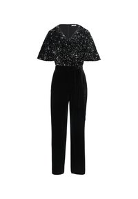 Svart jumpsuit med en topp prydd med paljetter, korta ärmar, V-ringning och en knytning i midjan. Mjuk tyg och raka ben.