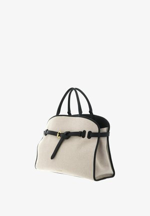 Beige canvas handbag with black leather handles, trim, and belt detail featuring a gold buckle on the front.