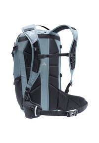 Blauwe en zwarte rugzak met gevoerde banden, gaasaccenten en een zijvak. Heeft een gestructureerd ontwerp en verstelbare bevestigingen.