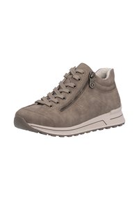 Baskets montantes taupe avec fermeture éclair latérale, lacets à l'avant, col rembourré et semelle en caoutchouc texturée, conçues pour un usage décontracté.
