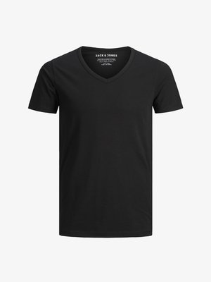 Černé tričko s krátkým rukávem a výstřihem do V. Vyrobeno z měkké tkaniny, s cedulkou s názvem značky "Jack & Jones" na vnitřní straně límce.