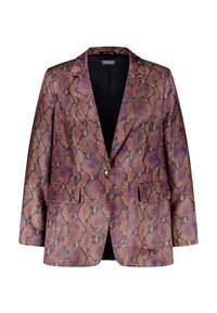 Blazer imprimé serpent violet et marron avec col à revers, fermeture par un bouton unique et deux poches avant. Le tissu a une texture lisse.