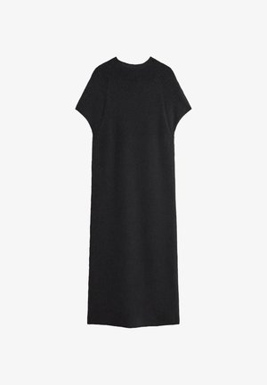 Musta tunikamekko lyhyillä hihoilla, valmistettu teksturoidusta kankaasta. Muotoilu sisältää pyöreän pääntien ja suoran siluetin.
