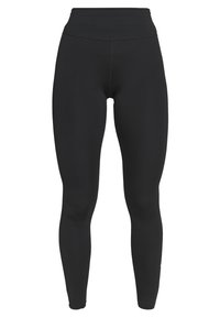 Leggings neri con vita alta, realizzati in tessuto elasticizzato, caratterizzati da una texture liscia e un design aderente.