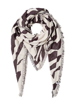Écharpe légère avec un motif imprimé animal en beige et marron foncé, dotée de bords effilochés et d'une forme triangulaire pour une stylisation polyvalente.