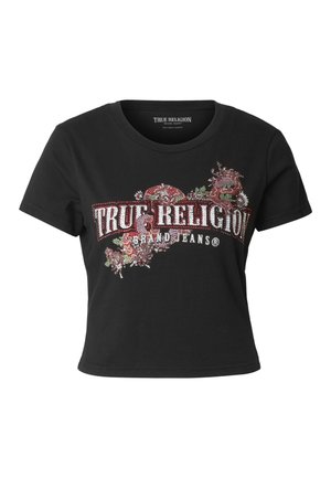 T-shirt noir coupé en coton, avec un motif floral rouge et argenté et le texte "True Religion" en strass sur le devant.