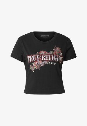 T-shirt noir coupé en coton, avec un motif floral rouge et argenté et le texte "True Religion" en strass sur le devant.