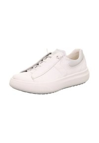 Bílé tenisky s hladkým koženým svrškem, kulatou špičkou, elastickými tkaničkami a texturovanou gumovou podrážkou pro lepší přilnavost. Celkově minimalistický design.