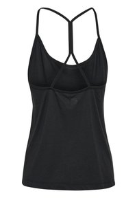 Top sin mangas negro con diseño de espalda nadadora. Está confeccionado con una tela suave y ligera, que presenta una sutil textura de malla y doble tirante.