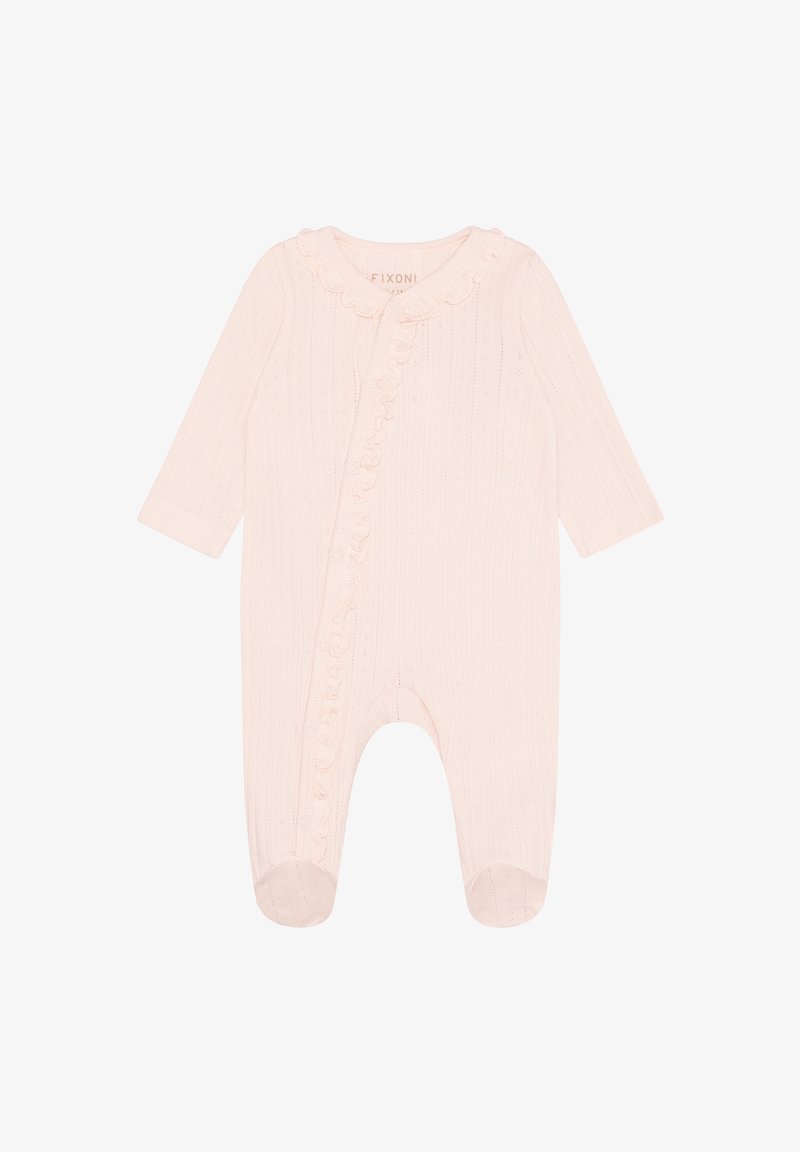 Zachtroze babyrompertje met lange mouwen, voetbedekte pijpen, geruite bies langs de drukknoopsluiting en subtiel gestructureerd patroon.