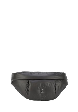 Sac de taille rembourré noir avec une forme arrondie et une texture lisse. Dispose d'une poche zippée à l'avant et d'un logo en relief bien visible.