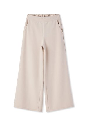 Pantaloni beige a gamba larga con vita elastica e tasche laterali, realizzati in morbido tessuto a maglia.