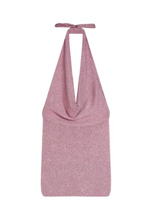 Haut sans manches rose à col licou profond en V avec des détails subtils en sequins, noué au cou.