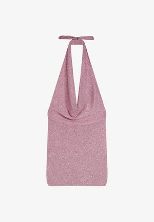 Haut sans manches rose à col licou profond en V avec des détails subtils en sequins, noué au cou.