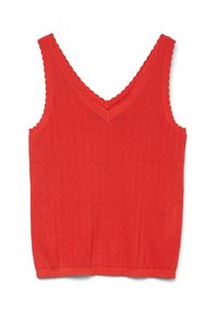 Rød strikket tanktop med V-hals, ribbet tekstur, bølget kant ved halsudskæringen og kanten, med lodrette striber over hele.