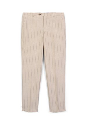 Pantaloni beige con sottili righe verticali nere, tasche frontali, passanti per cintura e un singolo bottone di chiusura in vita.