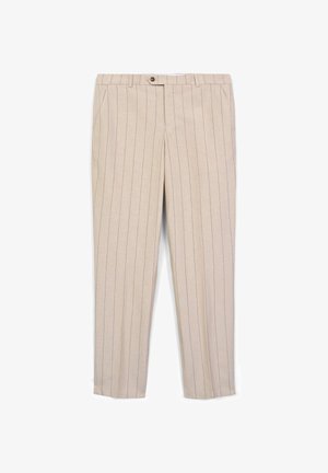 Beige trousers with thin vertical black stripes, front pockets, belt loops, and a single button closure at the waist.