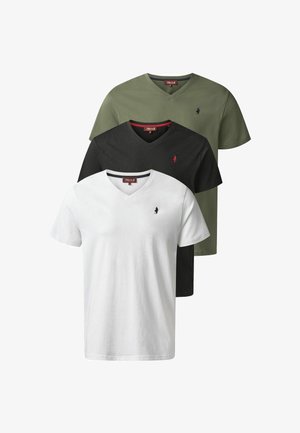Tri tričká s výstrihom do V v bielej, čiernej a olivovo zelenej farbe, s malým logom na hrudi a mäkkou bavlnenou textúrou.